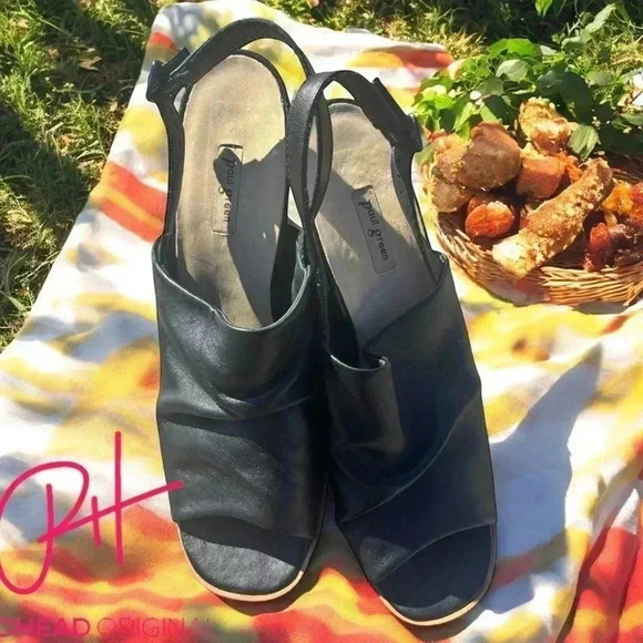 Paul Green Waverly Black Leather Slingback Block Heels Sandals Women's SizeUS 11